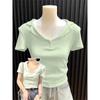 Polo de Algodão Transfronteiriço Camiseta de Manga Curta Feminina Verão Ajuste Slim Estilo Coreano Camiseta Básica Curta Plissada Cor Sólida Manga Média