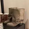 Bico fino botas enrugadas empilhadas desgastadas Botas Western salto grosso retrô botas de montaria fivela perna botas curtas femininas rebites