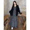 Conjunto de Duas Peças Cardigan Jaqueta Suéter Francês Tamanho Grande para Mulheres Gordas com Colete Vestido Estampado Outono e Inverno Cobertura da Barriga Aparência de Afinar a Cintura