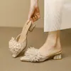 Pantuflas de Verano para Mujer con Bola de Pelo y Encaje, Punta Cerrada, Tacón Grueso, Tacón Bajo, Mocasines Deslizables Estilo Hada Franceses para Uso en Exteriores