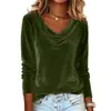 Site Independente Amazon Transfronteiriço Europeu e Americano Moda Feminina 2025 Nova T-shirt Sexy de Veludo de Cor Sólida com Gola Drapeada e Manga Longa
