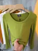 Camiseta de manga larga acanalada con cuello en U color rojo Ankela para mujer, top base elástico ajustado de color liso, versátil y de moda