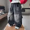 Calças Jeans Macias para Meninos Outono Novo Estilo Tendência Cool Calças Cargo Infantis Bonitas Estilo de Rua Calças Compridas Meninos Bebê Calças de Barra Reta