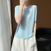 Blusa de Tricô Redonda Nova de Renda Lyocell Primavera/Verão, Camisa Básica Lisa de Manga Três Quartos Vazada, Camiseta de Listras Verticais para Mulheres