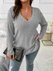 2024 Amazon Otoño e Invierno Nuevo Top de Color Sólido Talla Grande para Mujer Cuello en V Manga Larga Camiseta de Canalé Cepillada Holgada Pulóver