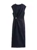Vestido Midi de Mezclilla para Mujer Estilo Europeo y Americano Nuevo Primavera 2026 Color Sólido Sin Mangas con Abertura Decorado con Dorado