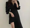 Tamaño actualizado. Chic coreano, estilo francés, elegante, falda asimétrica, principios de otoño, cintura ajustada, vestido de manga larga, ropa de mujer