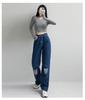 Calça jeans feminina de cintura alta, estilo hip hop, estilo hip hop, slim, perna larga, comprimento longo, tendência