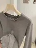 KEKEZOON Camiseta de Manga Larga con Volantes de Diseño Sencillo Estilo Coreano para Mujer, Top Térmico de Invierno con Interior Cepillado 9357