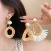 Pendientes de aro geométricos redondos de ratán de aguja plateada, Pendientes de tachuela de moda versátiles estilo festivo, Pendientes de alta gama simples y únicos