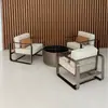 Conjunto de cadeiras de lazer externas em aço inoxidável, com três peças, adequado para escritórios de vendas, pátios, áreas de recepção e espaços externos de hotéis.; feito sob medida para móveis de projeto
