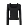Camiseta de Manga Larga Lisa de Corte Bajo en U con Ribete, Estilo Puro Deseo, para Mujer, Nueva Llegada de Otoño, Elástica, Cómoda, Top Base 'Hot Girl'