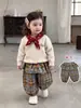Conjunto de Ropa de Otoño para Niñas Elegante Top de Punto Falda-Pantalón de Encaje a Cuadros Conjunto de Dos Piezas Ropa Coreana para Niños
