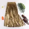 Falda 2019 Otoño e Invierno Nueva Delgada Estilo Coreano Cintura Alta Versátil Metálica Reflectante Longitud Media Falda Plisada Línea A para Mujer