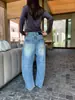 Calça Jeans Larga Lavada Yuyi para Mulheres, Outono Retrô Americano Cintura Baixa Emagrecimento Fluida Longa CX0327