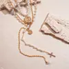 Colar Pingente Cruz de Concha com Diamantes Incrustados e Pérolas Artificiais de Três Peças Estilo de Férias Colar de Alta Qualidade para Mulheres