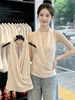 Camisola estilo francês com gola halter para mulheres, design de verão com decote V cruzado sem mangas, corte justo, top versátil