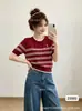 Verano 2026 Nuevo Cuello Redondo Bloque de Color Rayas Tejido Delgado Manga Corta Camiseta Casual Versátil Superior para Mujeres
