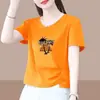 2026 Nueva Camiseta de Manga Corta con Cuello en V Estilo Comercio Exterior para Mujer, Holgada Talla Grande, Adelgazante, Cubre Vientre Top de Media Manga