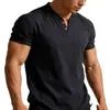 Camiseta de Manga Corta de Algodón y Lino con Cuello en V para Hombre de Comercio Exterior Transfronterizo, Tops de Camisa de Lino de Color Sólido de Manga Corta con Dos Botones Ajustados para Hombre