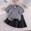 Conjunto de Verano para Niñas 2026 Elegante a la Moda Niños Color Sólido Camisa Polo y Falda Plisada Conjunto de Dos Piezas