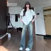 Jeans Rectos Retro Americanos para Mujer, Primavera Cintura Alta Corte Holgado, Pantalones Estrechos Pierna Ancha Petite, Pantalones Largo hasta el Suelo