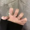 Uñas Postizas Pre-Hechas Hechas a Mano Rosa Nude Perla Moño 3D Terapia de Luz Super Iluminadoras para Uñas Cortas