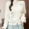 Novo cardigã de tricô para primavera e outono, casaco suéter feminino, suéter fofo estilo universitário com laço e acabamento em renda para mulheres