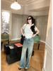 Jeans Feminino Baishi Wangte Shushu Lavado Pernas Macias Versão Slim Longa Reta Estreita Visual Slim Reto Primavera e Outono