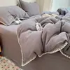 Juego de Cama de Cuatro Piezas de Gasa de Doble Capa 100% Algodón Clase A Algodón Puro Borde Festoneado Juego de Tres Piezas para Dormitorio de Estudiante Funda de Edredón Sábana 3