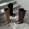 Botas Femininas de Cano Alto Longas Convertíveis de Uso Duplo, Outono e Inverno Couro Genuíno de Xinjiang Bico Quadrado Salto Baixo Slip-On Acima do Joelho para Mulheres