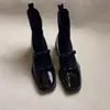 Botas Slimming Retrô Quadradas com Laço Elástico Patchwork Mary Jane Meia Botas Salto Grosso Plataforma Tornozeleiras Femininas 2026