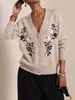Cardigan de Tricô Bordado Tendência Europeu e Americano para Mulheres, Novo Casaco Suéter Vintage Floral Solto para Outono e Inverno