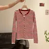 Camiseta de punto cárdigan para mujer, de rayas azules y grises, cuello redondo, manga larga, colección de otoño 2026, corte ajustado, prenda exterior que favorece la figura.