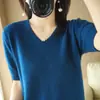 Camiseta Básica de Punto con Cuello en V para Mujer, Novedad de Principios de Primavera, Top de Manga Corta de Color Sólido, Elegante, Rejuvenecedor, Sencillo, Jersey Interior