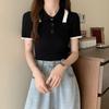 Blusa de Tricô Casual com Gola Alta para o Dia a Dia, Manga Curta, Combinação de Cores, Estilo Curto Emagrecedor, Nova Roupa de Verão para Mulheres
