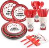 Traje de fiesta rojo para niño y niña, fiesta de cumpleaños, vaso de papel desechable, plato de papel, pañuelo de papel, cuchillo, tenedor, cuchara, suministros de decoración