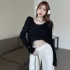 Top de malha com barriga de fora para garota estilosa design de outono inicial senso básico peça para cobrir top oco de manga longa branco tamanho único cinza preto