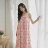"Super Macia" Camisola de Alça Rosa Doce Sem Mangas para Mulheres Verão Algodão Modal Estampa de Cerejas com Laço Caimento Solto