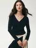 Suéter de cachemir liso para otoño e invierno para mujer, con cuello en V cruzado, corte ajustado, estilo jersey, tejido fino, mangas largas y un diseño moderno