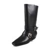Hebilla de Cinturón Única de Cuero Vintage Desgastado Botas de Motociclista para Mujer, Botas de Media Pantorrilla Plegables de Punta Cuadrada Ancha con Tacón Grueso tipo Botín