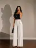 Exclusivo al por mayor transfronterizo 2026 Pantalones largos de pierna ancha a rayas de cintura alta con cinturón Ropa de mujer para ir al trabajo europea y americana Dropshipping