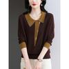 2026 Camiseta de Manga Longa com Gola Lapela Feminina Top Tricô Moda Elegante Suéter Blusa Gola Boneca Camisa Base Primavera