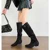Primer Encuentro Ji Sensación Perezosa Botas Altas de Tacón Grueso Retro de Invierno para Mujer Botas Altas Adelgazantes Francesas Tacón Grueso Gamuza Caqui Botas Largas