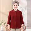 Camisa de Manga 3/4 Primavera/Verão para Mães, Blusa Estilosa para Mulheres de Meia-Idade, Blusa com Gola Dobrável para Avós, Tamanho Grande para Idosos