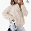Suéter de tricô casual solto liso de cor sólida novo europeu e americano para mulheres, outono e inverno, gola redonda, tamanho grande, suéter de tricô com tranças