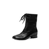 Botas de pele de ovelha de camada superior com biqueira dividida para mulheres, botas únicas de casco de porco, novo estilo outono e inverno, botas curtas estilo coreano com cadarço e salto médio grosso, botas de couro genuíno femininas
