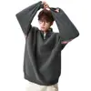 Suéter listrado color-block com zíper parcial e gola alta, estilo old money, unissex, modelagem solta, casual, malha plus size para outono e inverno