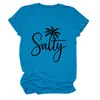 Amazon Ebay Sitio Independiente Moda Versátil Cómoda para Mujer Coco Salado Palmera Blanco y Negro Cuello Redondo Manga Corta Camiseta Capa Base