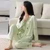Conjunto de pijama de algodón de manga larga y pantalón largo para mujer, con cuello camisero y estilo cárdigan, talla grande, adecuado para primavera y otoño, conjunto de ropa de casa dulce y lindo